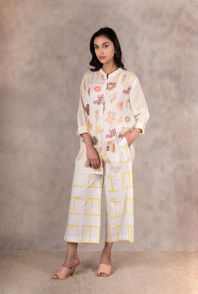 Hand Block Floral Print Long Shirt With Embroidery In Gauze Linen - Shirt - Mizyana