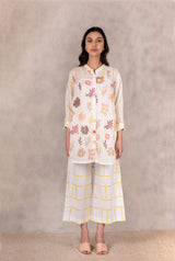 Hand Block Floral Print Long Shirt With Embroidery In Gauze Linen - Shirt - Mizyana
