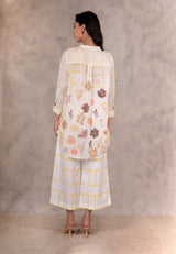 Hand Block Floral Print Long Shirt With Embroidery In Gauze Linen - Shirt - Mizyana