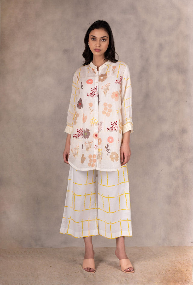 Hand Block Floral Print Long Shirt With Embroidery In Gauze Linen - Shirt - Mizyana