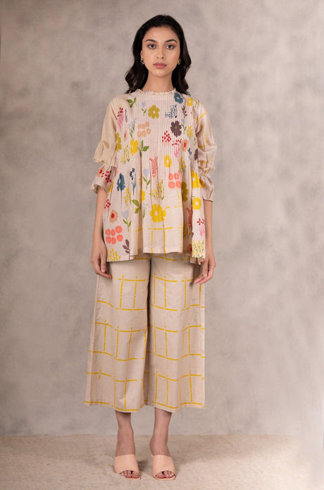 Hand Block Floral Print Pink Tuck Top in cotton silk from ARCVSH by Pallavi Singh with pintucks, front view
