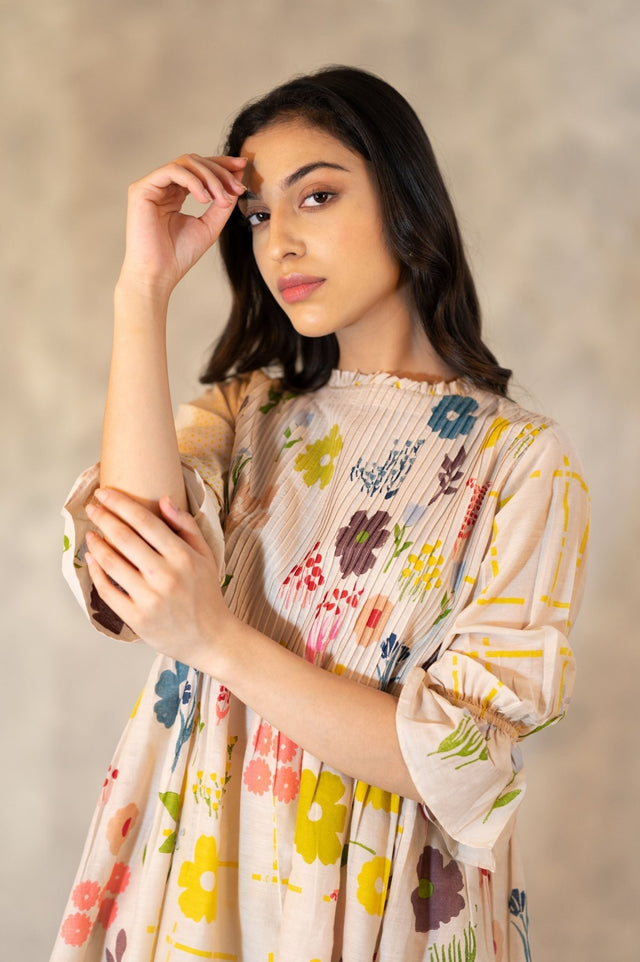 Hand Block Floral Print Pink Tuck Top In Cotton Silk - Shirt - Mizyana