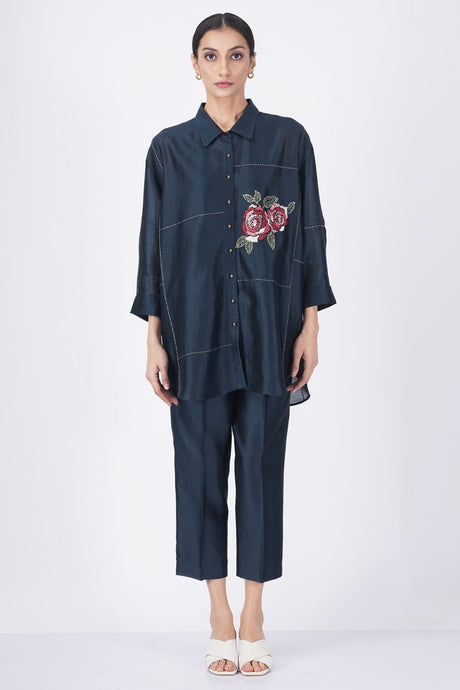 Hand embroiderd rose shirt with straight pant - Two-Piece Set - Mizyana