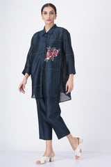Hand embroiderd rose shirt with straight pant - Two-Piece Set - Mizyana