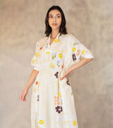 Hand Made Floral Dress With Fron Slit In Linen - Dress - Mizyana