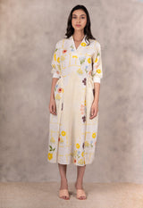 Hand Made Floral Dress With Fron Slit In Linen - Dress - Mizyana