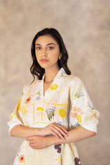 Hand Made Floral Dress With Fron Slit In Linen - Dress - Mizyana