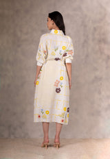 Hand Made Floral Dress With Fron Slit In Linen - Dress - Mizyana