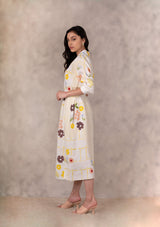 Hand Made Floral Dress With Fron Slit In Linen - Dress - Mizyana