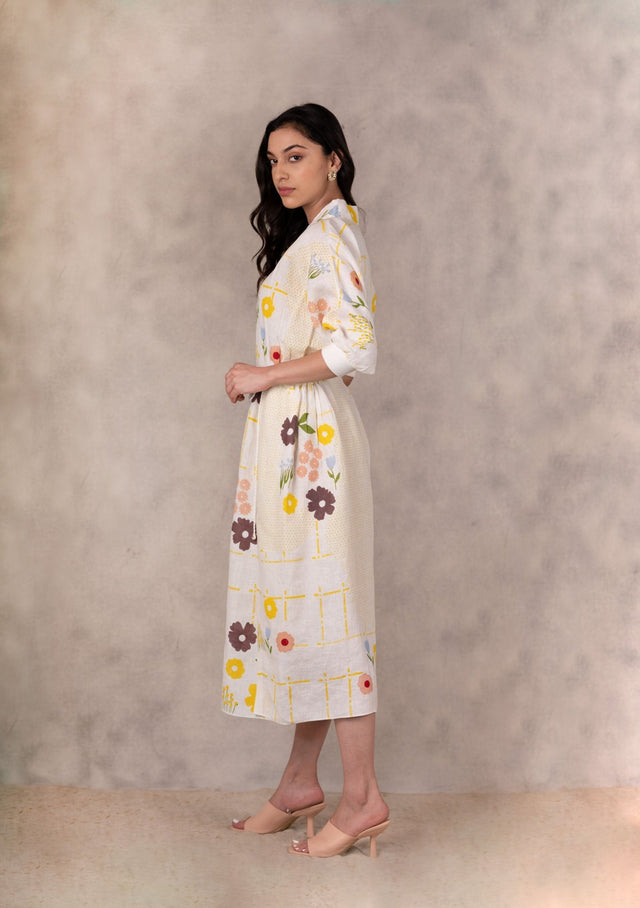 Hand Made Floral Dress With Fron Slit In Linen - Dress - Mizyana