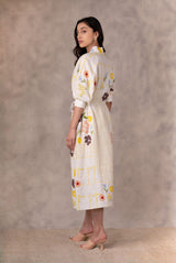 Hand Made Floral Dress With Fron Slit In Linen - Dress - Mizyana