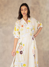 Hand Made Floral Dress With Fron Slit In Linen - Dress - Mizyana
