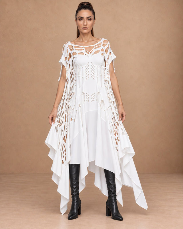 Heka Flexible White Cut-Out Viscose Dress - Dress - Mizyana