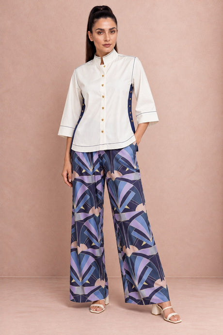 Hugo White Shirt and Lotus Geometric Linen Trousers Two-Piece Set - Two-Piece Set - Mizyana