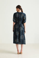Indigo Box Pleat Printed Dress with Embroidery - Dress - Mizyana