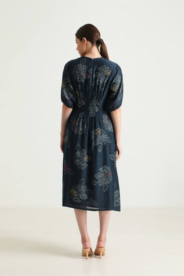 Indigo Box Pleat Printed Dress with Embroidery - Dress - Mizyana