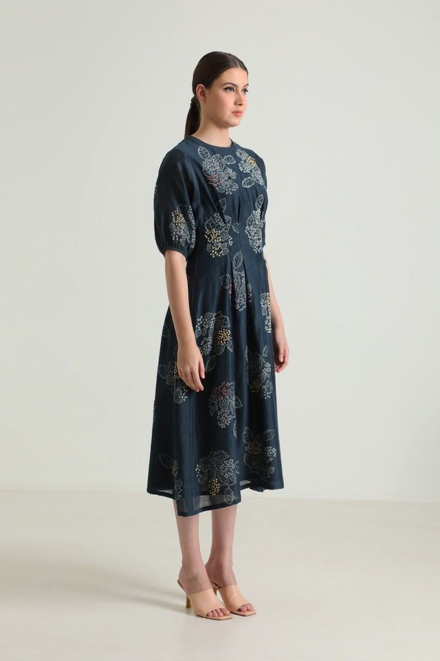 Indigo Box Pleat Printed Dress with Embroidery - Dress - Mizyana