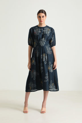 Indigo Box Pleat Printed Dress with Embroidery - Dress - Mizyana