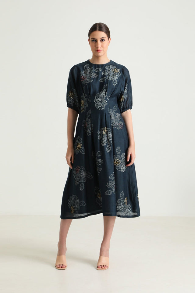 Indigo Box Pleat Printed Dress with Embroidery - Dress - Mizyana