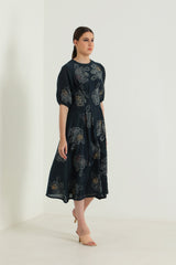 Indigo Box Pleat Printed Dress with Embroidery - Dress - Mizyana