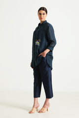 Indigo Country Shirt in Gauze Linen with Embroidery and Straight Pant in Silk Chanderi - Two-Piece Set - Mizyana