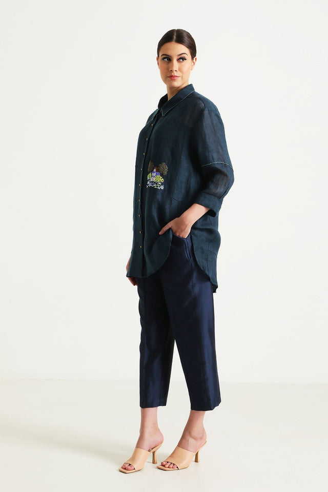 Indigo Country Shirt in Gauze Linen with Embroidery and Straight Pant in Silk Chanderi - Two-Piece Set - Mizyana