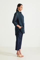 Indigo Country Shirt in Gauze Linen with Embroidery and Straight Pant in Silk Chanderi - Two-Piece Set - Mizyana