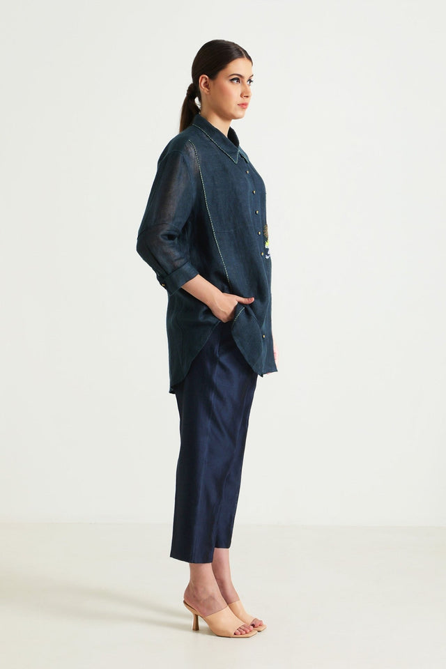 Indigo Country Shirt in Gauze Linen with Embroidery and Straight Pant in Silk Chanderi - Two-Piece Set - Mizyana