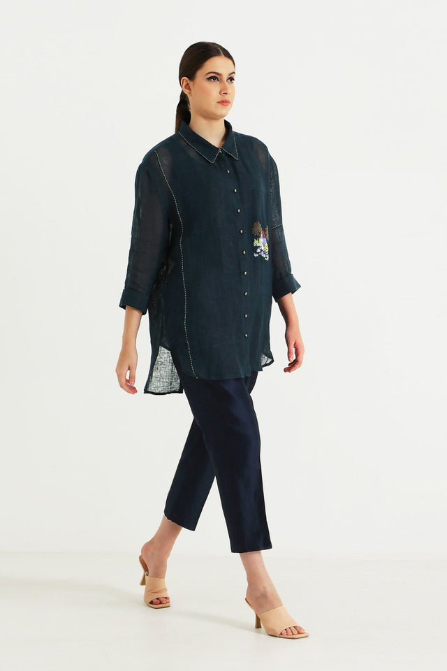 Indigo Country Shirt in Gauze Linen with Embroidery and Straight Pant in Silk Chanderi - Two-Piece Set - Mizyana