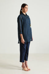 Indigo Country Shirt in Gauze Linen with Embroidery and Straight Pant in Silk Chanderi - Two-Piece Set - Mizyana