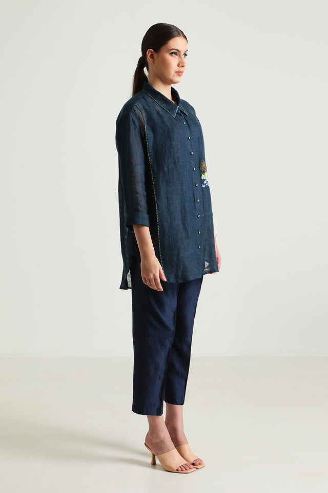Indigo Country Shirt in Gauze Linen with Embroidery and Straight Pant in Silk Chanderi - Two-Piece Set - Mizyana