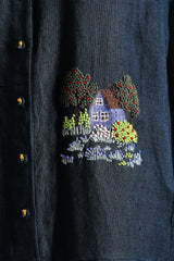 Indigo Country Shirt in Gauze Linen with Embroidery and Straight Pant in Silk Chanderi - Two-Piece Set - Mizyana