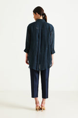 Indigo Country Shirt in Gauze Linen with Embroidery and Straight Pant in Silk Chanderi - Two-Piece Set - Mizyana