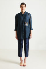 Indigo Country Shirt in Gauze Linen with Embroidery and Straight Pant in Silk Chanderi - Two-Piece Set - Mizyana
