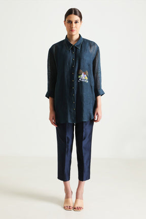 Indigo Country Shirt in Gauze Linen with Embroidery and Straight Pant in Silk Chanderi - Two-Piece Set - Mizyana