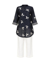 Indigo Leaf Print Silk Chanderi Shirt and Ivory Pants Two-Piece Set - Two-Piece Set - Mizyana