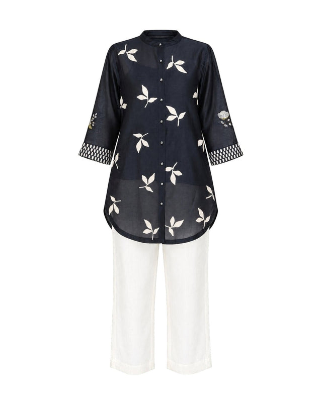 Indigo Leaf Print Silk Chanderi Shirt and Ivory Pants Two-Piece Set - Two-Piece Set - Mizyana