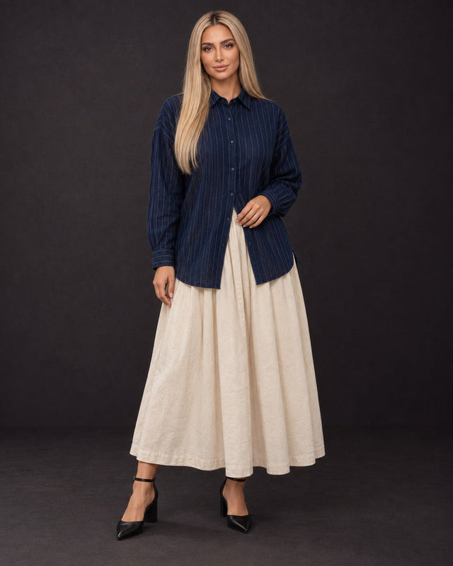 Indigo Streams Pinstripe Oversized Handwoven Cotton Shirt - Shirt - Mizyana