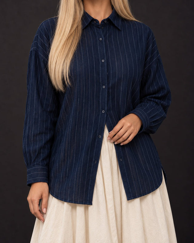 Indigo Streams Pinstripe Oversized Handwoven Cotton Shirt - Shirt - Mizyana