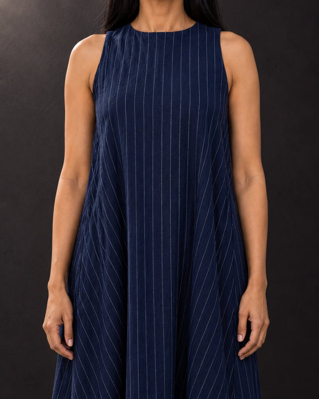 Indigo Streams Striped Handwoven Cotton Dress - Dress - Mizyana