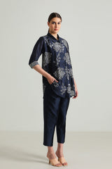 Indigo Wild Weed Shirt in Silk Chanderi With Embroidery and Straight Pant in Silk Chanderi - Two-Piece Set - Mizyana