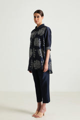 Indigo Wild Weed Shirt in Silk Chanderi With Embroidery and Straight Pant in Silk Chanderi - Two-Piece Set - Mizyana