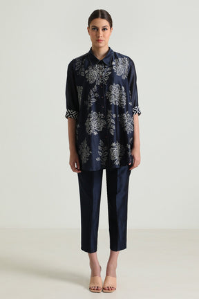 Indigo Wild Weed Shirt in Silk Chanderi With Embroidery and Straight Pant in Silk Chanderi - Two-Piece Set - Mizyana