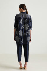 Indigo Wild Weed Shirt in Silk Chanderi With Embroidery and Straight Pant in Silk Chanderi - Two-Piece Set - Mizyana