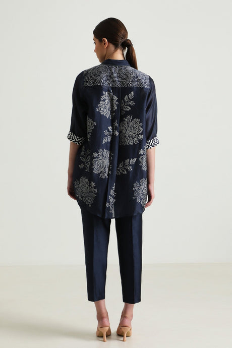Indigo Wild Weed Shirt in Silk Chanderi With Embroidery and Straight Pant in Silk Chanderi - Two-Piece Set - Mizyana