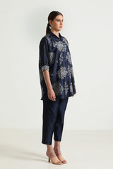 Indigo Wild Weed Shirt in Silk Chanderi With Embroidery and Straight Pant in Silk Chanderi - Two-Piece Set - Mizyana