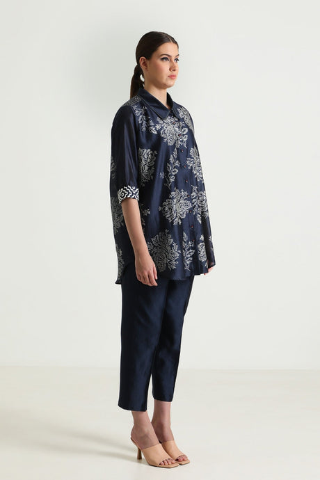 Indigo Wild Weed Shirt in Silk Chanderi With Embroidery and Straight Pant in Silk Chanderi - Two-Piece Set - Mizyana