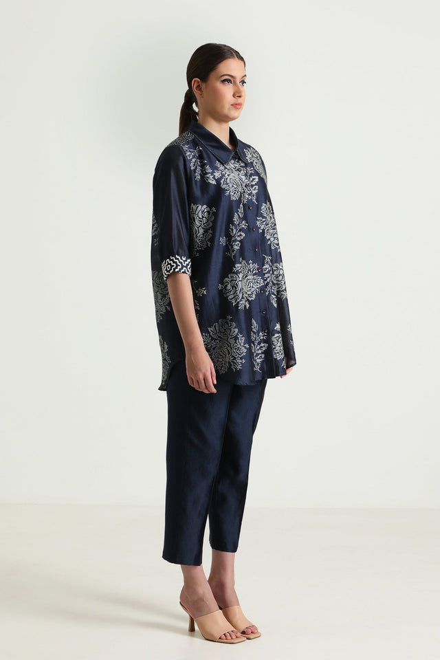 Indigo Wild Weed Shirt in Silk Chanderi With Embroidery and Straight Pant in Silk Chanderi - Two-Piece Set - Mizyana