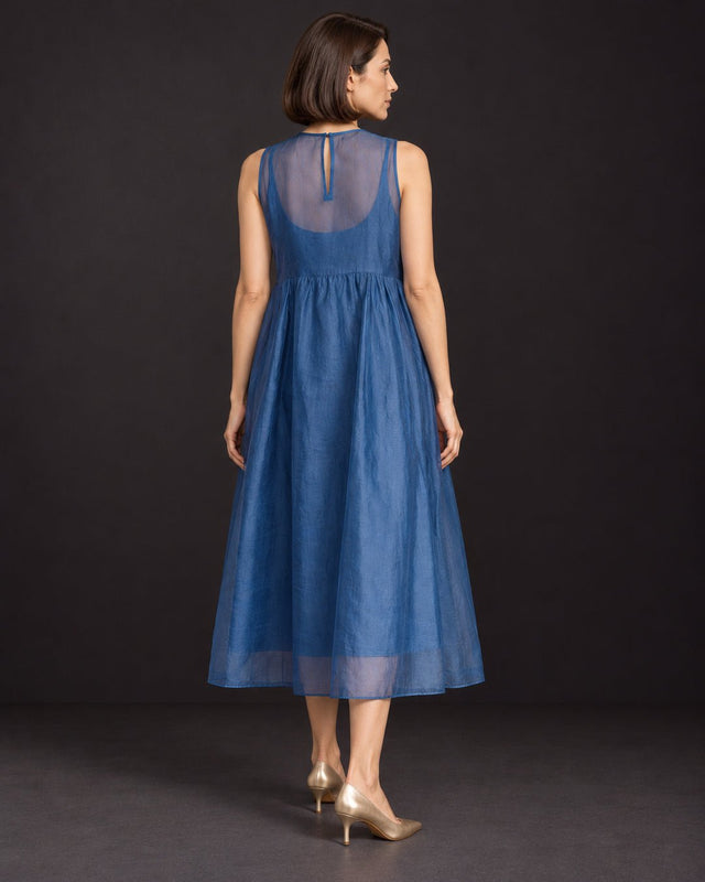 Ink Blue Handwoven Organza Midi Dress - Dress - Mizyana