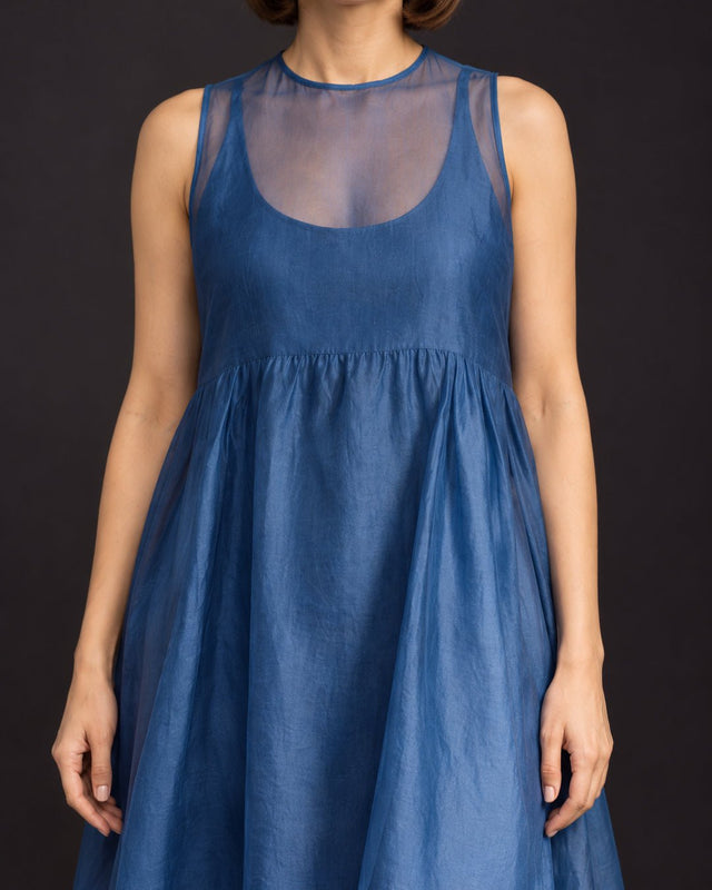 Ink Blue Handwoven Organza Midi Dress - Dress - Mizyana